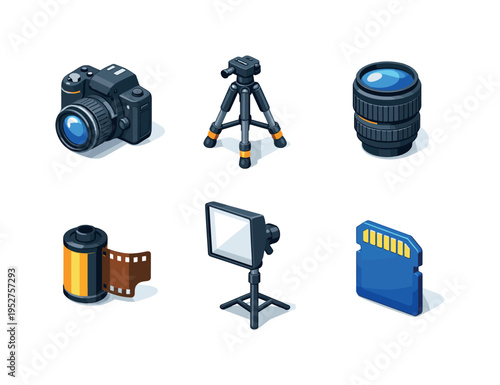 Photography. Isometric flat vector icons set of Photography: DSLR camera, camera tripod, camera lens, photo film roll, studio light softbox, memory card.
