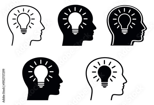 Modern idea icon set featuring human heads with light bulbs for innovation concepts