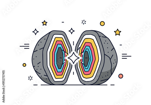 Agate geode crystal cavity illustrated by a simplified outer rock shell opened to reveal inner band layers and a sparkling center, expressing hidden beauty and