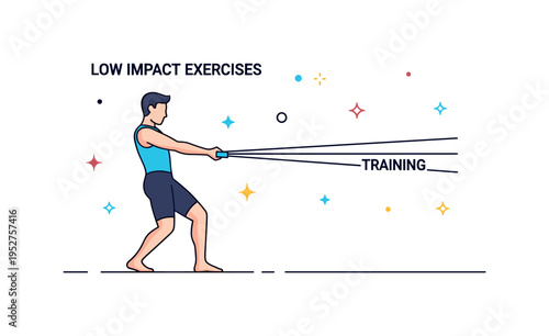 Low impact exercises resistance band training theme showing a figure lightly pulling a minimal elastic band with controlled posture. A clean editorial badge