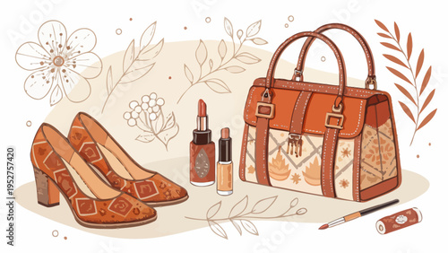 Hand drawn fashion accessories including high heeled shoes handbag lipstick and makeup on a white background with floral patterns