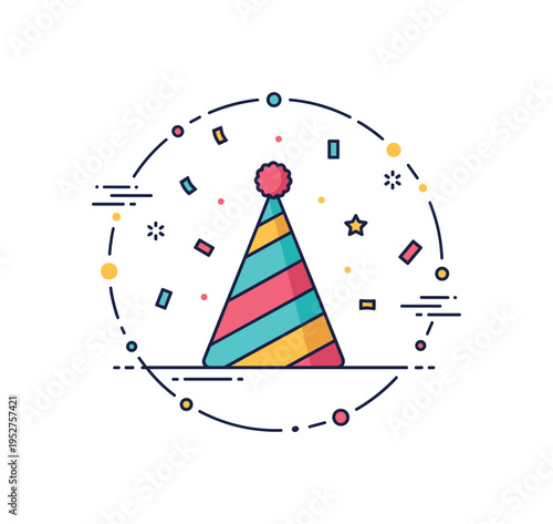 Party hat and confetti decoration theme illustrated by a striped cone hat with tiny pom pom on top and scattered confetti pieces around, expressing playful