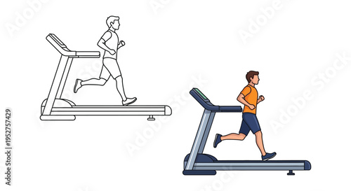 Vector graphic illustration set showing a man running on a treadmill in color and outline styles