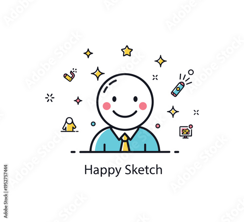 Playful character doodle illustration centered on a simple smiling figure surrounded by tiny decorative icons. Subtle star accents and a short ?Happy Sketch?