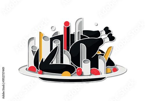 A monochrome roasted turkey transformed partially into abstract geometric forms like cylinders and semicircles, circular plate echoing unity,