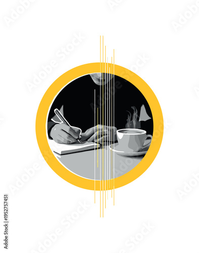 Monochrome candid image of a person writing in a notebook beside a steaming coffee, intersected by a large yellow circular frame and thin structured vertical