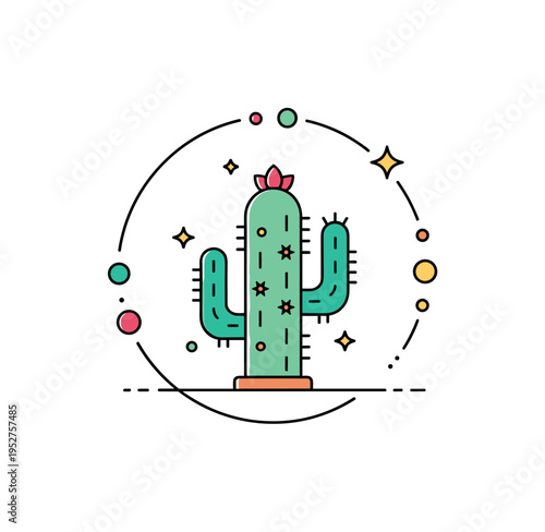 Modern botanical logo concept featuring a simplified cactus enclosed in a clean circular frame with small star accents, symbolizing identity, clarity, and