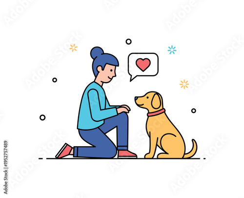 Talking to pet affectionate moment featuring a person kneeling beside a sitting dog with a small speech bubble and heart accent between them, expressing
