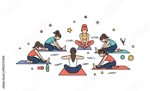 Group fitness and wellness class with women stretching together on mats, highlighting community, motivation, and active lifestyle. Minimalist flat vector