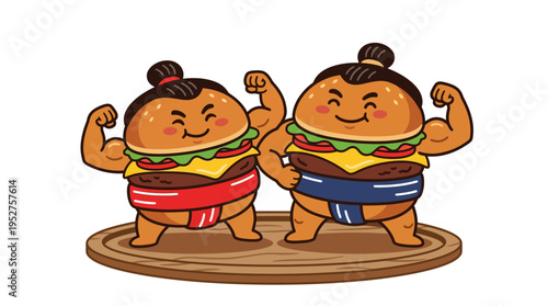 Two Sumo Wrestler Burgers flexing their muscles and showing their strength on a wooden platter, representing power and deliciousness