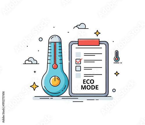 Home energy efficiency check centered on a thermostat paired with a small checklist labeled Eco Mode, symbolizing conscious adjustments and optimized