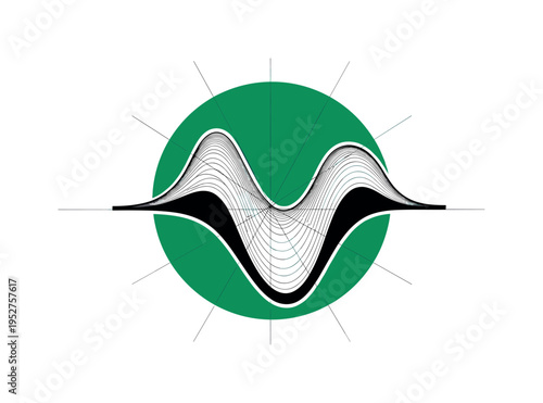 Black and white geoid cross-section diagram transformed into a conceptual art piece, bold circular halo behind the uneven form, minimal linear grid elements