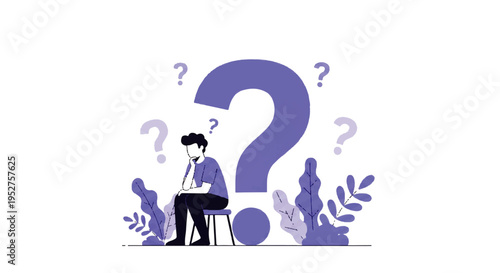 Vector flat design illustration of a man sitting with a questioning expression surrounded by question marks and plants in a simple, modern style.