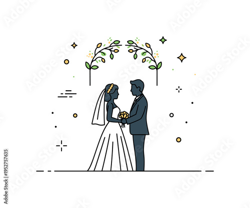 Wedding ceremony silhouette scene featuring the couple standing side by side with a subtle floral arch outline above. A concise editorial badge about vows,