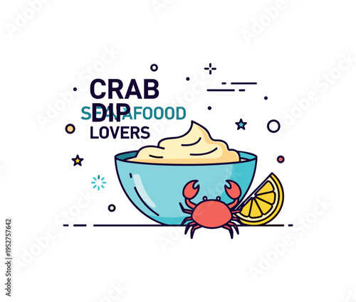 Crab dip seafood lovers concept illustrated by a creamy dip bowl accompanied by a small stylized crab silhouette and a lemon wedge accent. A bright and fresh
