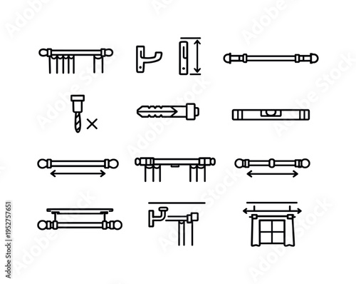 Curtain Rod Placement. Line icon set of Curtain Rod Placement: curtain rod, wall brackets, rod height measure, rod width extend, drill point mark, wall anchor,