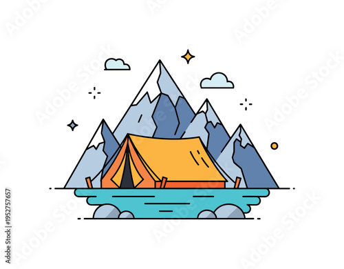 Adventure camping by glacier lake illustrated by a bright tent placed near turquoise water with sharp mountain ridges behind, symbolizing exploration and