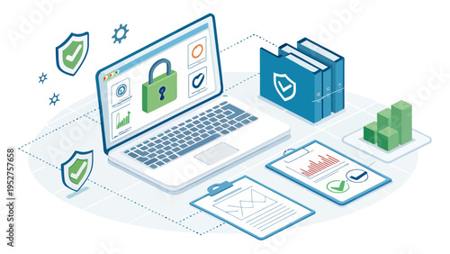Information security system design with laptop padlock shield icons and documents on white background for cybersecurity concept