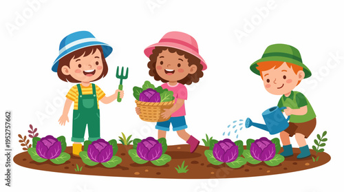 Three happy children tending to a vegetable garden, harvesting cabbages and watering plants