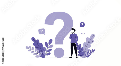 Vector flat design illustration of a man standing thoughtfully amidst purple plants and question marks.