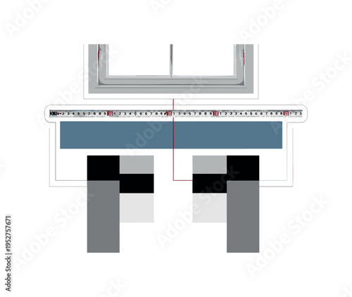 Black and white measuring tape stretched across top of window frame, bold muted blue rectangle grounding upper composition, thin red diagonal accent