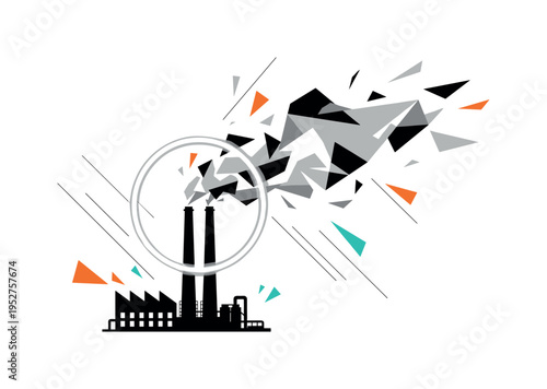 Black and white factory emitting abstract geometric smoke made of angular shards, oversized halo circle framing the smokestacks, vivid orange and teal flat