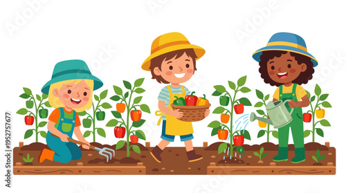 Joyful diverse children actively engaged in a vibrant garden, happily planting, watering, and harvesting fresh vegetables, fostering growth and a love for nature