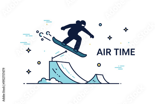 Extreme sports snow park jump moment featuring a snowboarder silhouette soaring above a simple ramp with snow spray accents, expressing lift, momentum, and