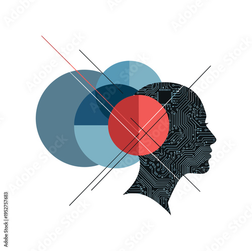 Monochrome abstract human profile merged with circuit board pattern, overlapping blue and red circles behind suggesting tension between openness and