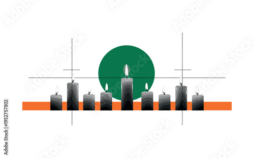 Black and white multiple candles aligned in a row with one flame brighter, oversized emerald green sun-like circle behind the central flame, orange horizontal