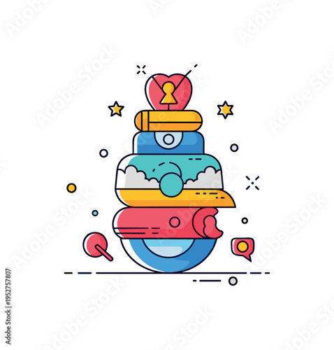 Layered visual storytelling design centered on stacked abstract elements forming a compact narrative badge, expressing depth, structure, and curated