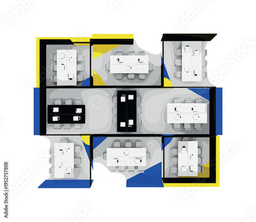 Black and white top view of tables arranged for workshops and activities, structured grid overlays and bold geometric dividers reinforcing organization, bright
