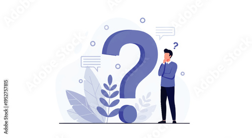 Vector flat design illustration of a man standing next to a large question mark with thought bubbles and leaves in a simple, modern style.