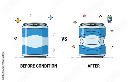 Before and after condition two cans side by side, one smooth and one visibly dented for comparison. A clean editorial illustration about quality control and