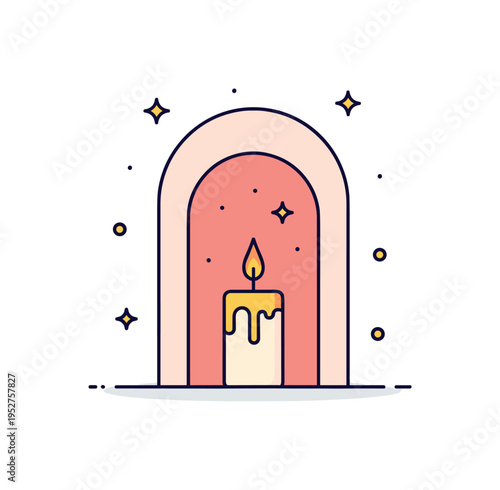 Spiritual sanctuary centered on a glowing candle inside a minimal archway with small star accents suggesting quiet reflection. A peaceful visual metaphor for