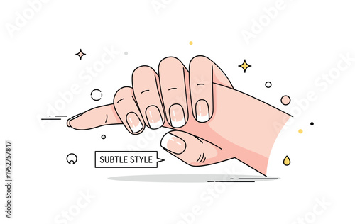 Minimal French manicure with micro white tips presented on a softly curved hand silhouette with a tiny label reading Subtle Style. The illustration