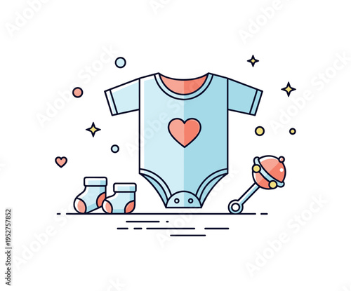 Cozy baby wardrobe compact scene with a folded onesie beside tiny socks and a soft rattle, conveying preparation and loving care for a newborn. Minimalist flat