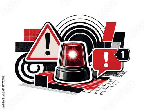 Black and white still life of warning elements: siren light, warning sign, notification icon, retro photo cut-out style with white outlines, abstract geometric