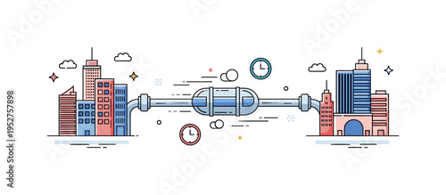 Intercity hyperloop connection showing two minimal city icons linked by a straight tube and a fast moving capsule in the center symbolizing reduced travel time