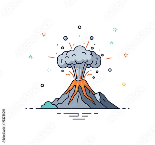 Explosive volcanic eruption concept centered on a mountain with ash cloud plume expanding upward and small rock fragments indicated by tiny shapes, symbolizing