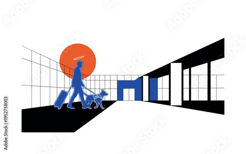 Black and white airport-like setting simplified into geometric shapes, service dog walking beside traveler silhouette, bold flat circular halo behind