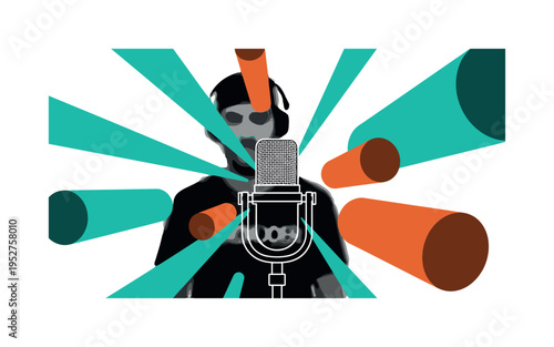 Black and white large studio microphone centered with a subtle producer figure in the background, bold radial beams and cylindrical forms representing captured