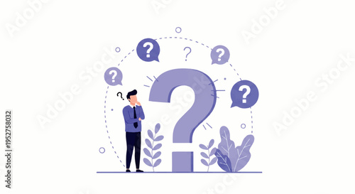 Vector flat design illustration of a man pondering with a large question mark and smaller question marks surrounding him in a thoughtful, purple-toned graphic.
