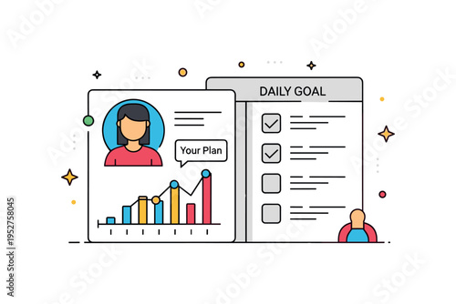 Custom wellness app interface featuring a user avatar beside a progress chart and daily goal checklist. A small ?Your Plan? text detail reinforces