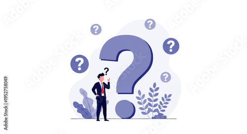 Vector flat design illustration of a man in a suit pondering with a giant question mark and smaller question marks floating around him on a white background with plants.