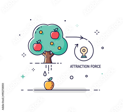 Newtonian gravity principle badge featuring a stylized apple tree and a falling fruit below. Subtle curved arrow and a ?Attraction Force? text detail