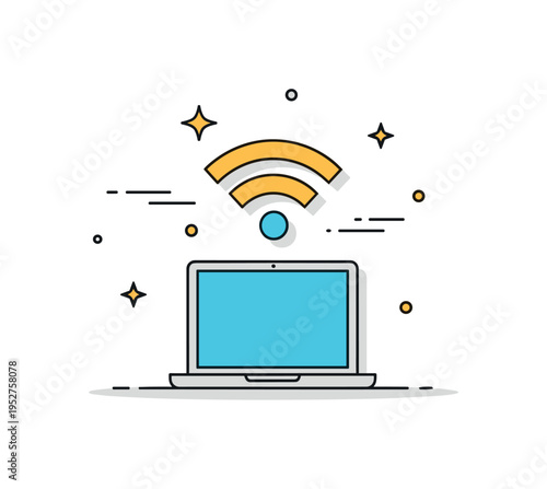 Remote work internet access theme showing a minimal laptop silhouette beneath a WiFi icon with soft motion accents, symbolizing productivity enabled by