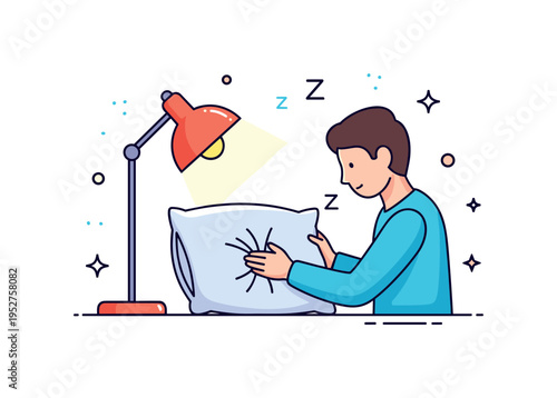 Evening routine concept featuring a person adjusting a pillow with subtle glow from a bedside lamp, conveying calmness, winding down, and readiness for sleep.