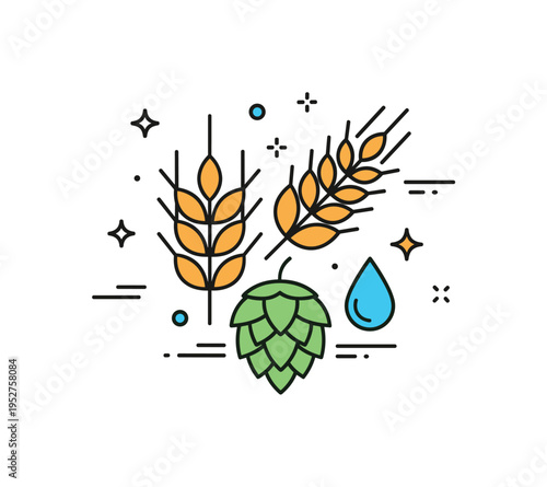 Brewing ingredients selection theme shown as a cluster of barley, hop cone and small water droplet arranged harmoniously, expressing quality sourcing and