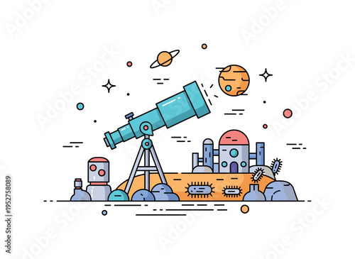 Planetary landscape with mysterious alien structures and microbial life under a telescope view, emphasizing scientific curiosity and astrobiological